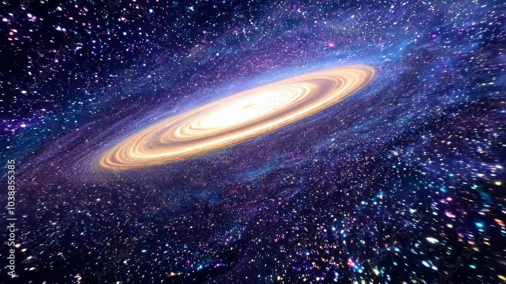 Poster flight through the galaxy with spreading nebula clouds, shiny stars and constellations