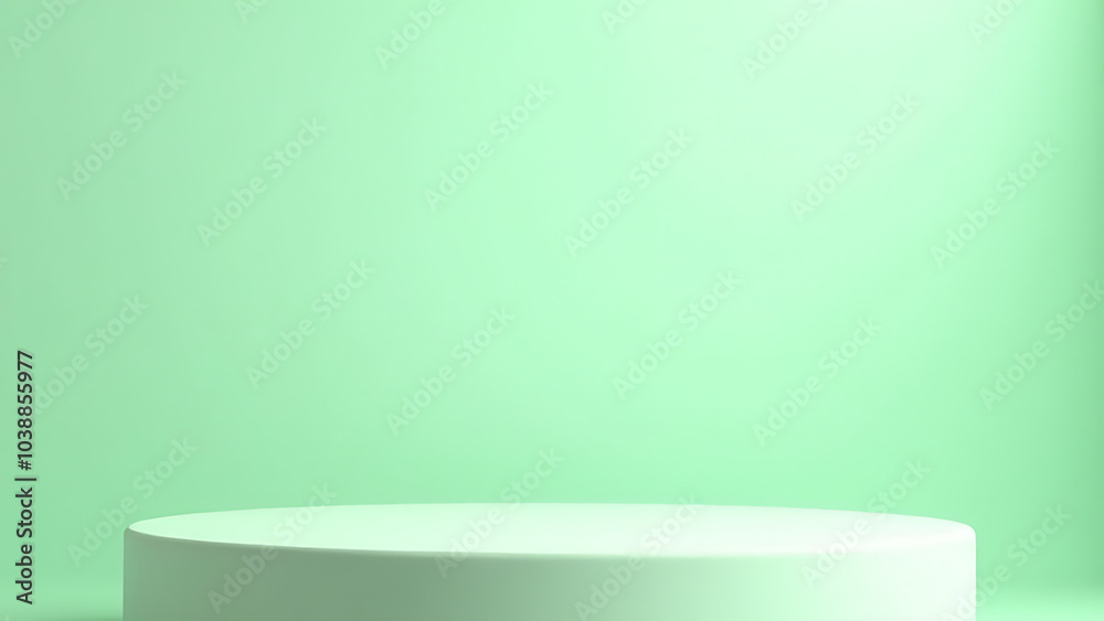 Poster Flat glass backdrop features a light green background with a simple podium design in front.