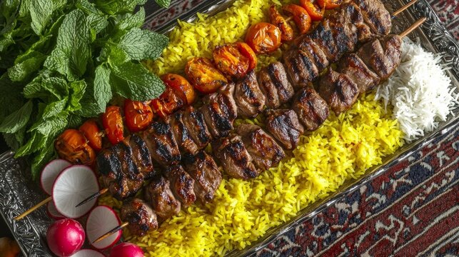 A tantalizing platter of Persian kebabs, featuring juicy grilled lamb, chicken
