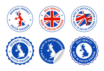 United Kingdom - set of stamps and stickers with map and flag. Best quality. Original product. Vector illustration.