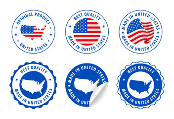 United States - set of stamps and stickers with map and flag. Best quality. Original product. Vector illustration.
