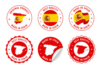 Spain - set of stamps and stickers with map and flag. Best quality. Original product. Vector illustration.