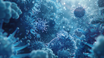  Each cell in the blue background is an illustration of cells with visible molecules and close-up, realistic photo,