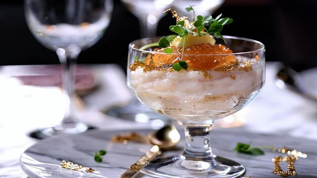 Ice cream decorated with red caviar and edible gold in crystal bowl, luxury dessert