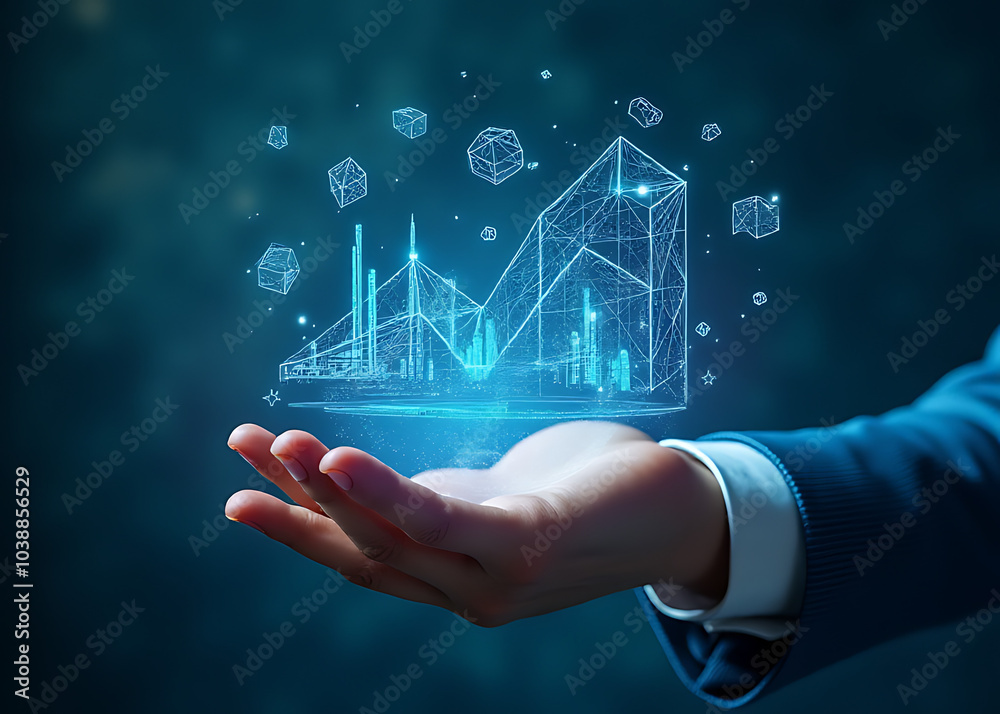 Poster floating holographic skills enhance digital expertise in stock photo ads with futuristic growth icon