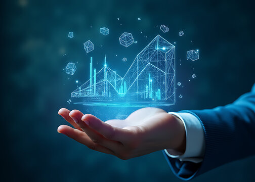 Floating holographic skills enhance digital expertise in stock photo ads with futuristic growth icons.