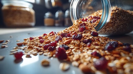 Granola spilling from a glass jar on a kitchen counter during morning meal prep