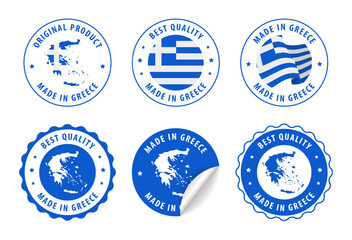 Naklejka premium Greece - set of stamps and stickers with map and flag. Best quality. Original product. Vector illustration.