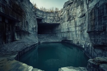 Deserted limestone pit containing a lake below