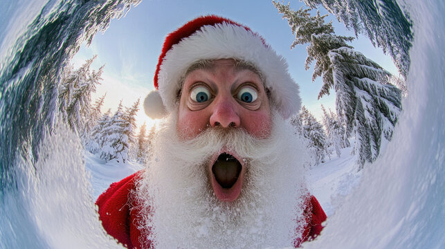 Santa Claus, featuring a wide-eyed, joyful expression, stands in wintry surroundings with a snowy beard, capturing the essence of festive cheer and holiday spirit.