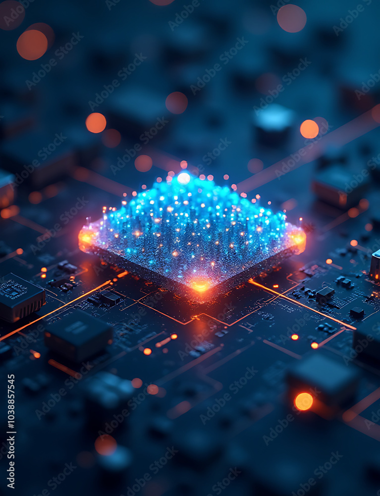Poster Future pod features glowing growth elements on a futuristic floating circuit in a photo stock concept for business and tech visuals.