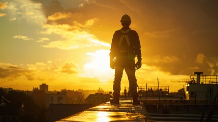 Fototapeta premium Construction Worker Standing on Rooftop at Sunset