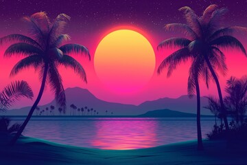 Naklejka premium A beautiful sunset with a large orange sun and two palm trees. The sky is a mix of pink and purple colors