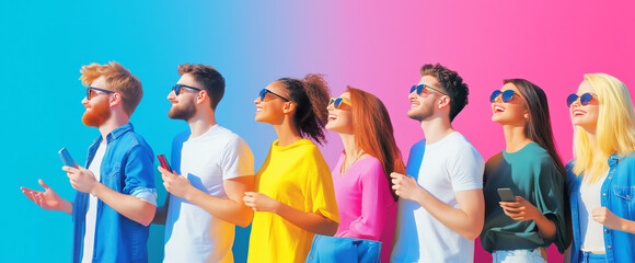 Fototapeta premium A diverse group of friends enjoys a sunny day in a lively urban setting with their smartphones