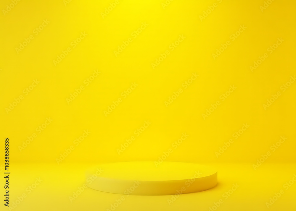 Poster Glass podium stands isolated on yellow background displaying empty space showcasing products and advertisements in a futuristic minimalist setup.