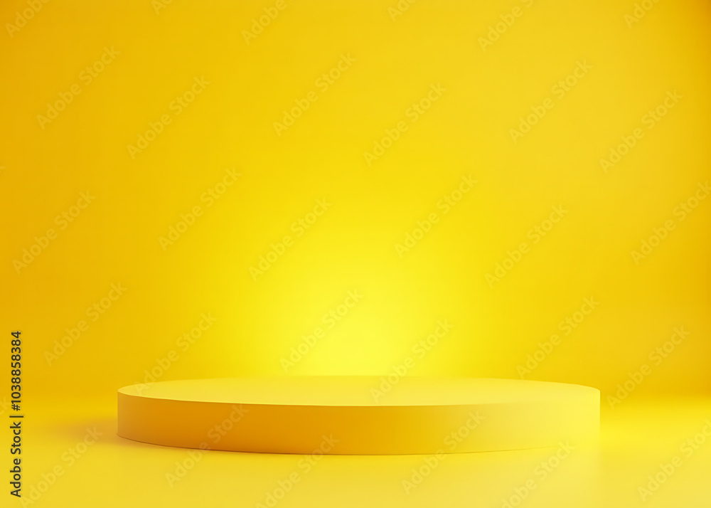 Poster Glass podium stands isolated on yellow background displaying empty space showcasing products and advertisements in a futuristic minimalist setup.