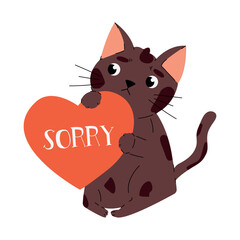 Flat vector illustration card with sad cat holding heart with 