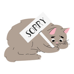 Flat vector illustration of card with sad cat holding 'sorry' sign. Apologizing cat character holding apology sign. Vector flat cartoon illustration.