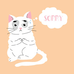 Flat vector illustration of a card with a sad cat, says and thinks 
