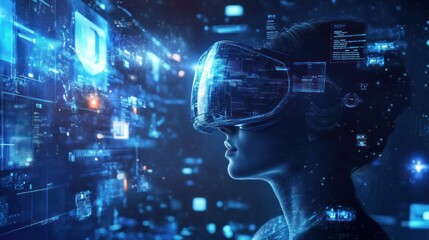 Fototapeta premium A profile of a person wearing a VR headset, immersed in a digital environment.