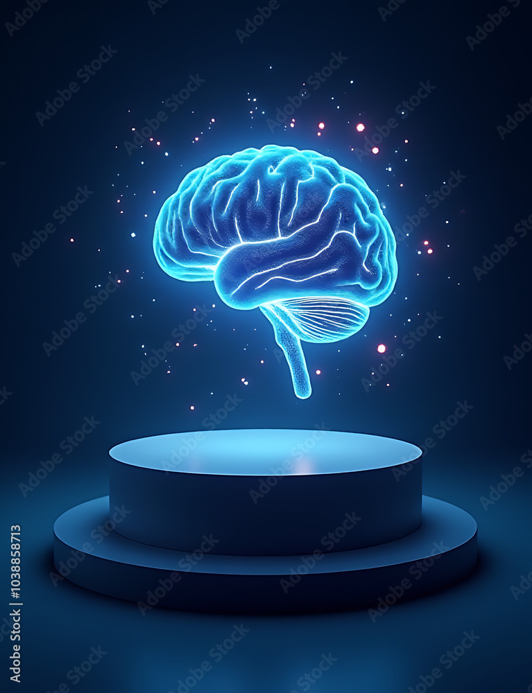 Poster Glowing AI brain surrounds podium with ample copy space for tech and business presentations in photo stock concept.