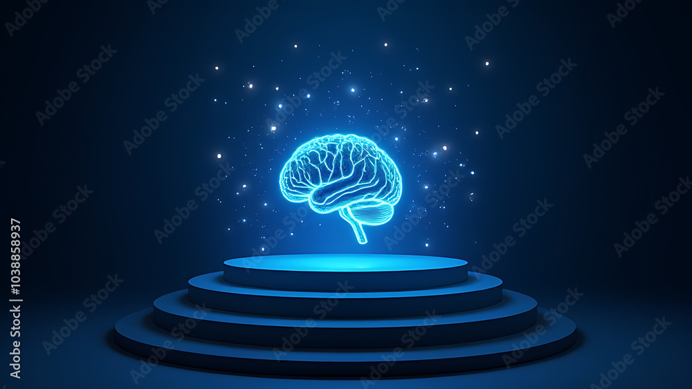 Aufkleber glowing ai brain surrounds podium with ample copy space for tech and business presentations in photo
