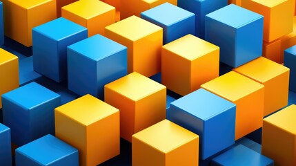 Obraz premium 3d render of a background with blue and yellow cubes forming a geometric pattern