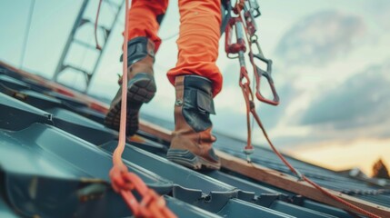 Close Up of Worker Climbing Roof with Safety Gear