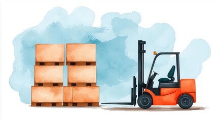 Naklejka premium Warehouse with organized inventory, supply chain logistics, pallets and forklifts, Watercolor style