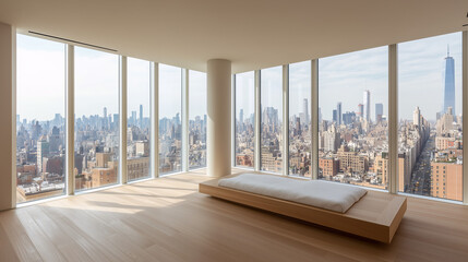 Modern minimalist bedroom with floor-to-ceiling windows and a low-profile platform bed