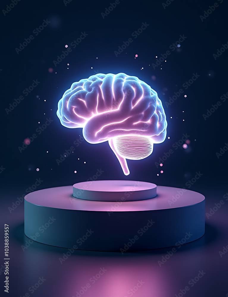 Poster glowing holographic ai brain icons on futuristic podiums ideal for tech and business concepts in pho