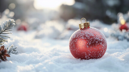 A red ornament with a gold chain is sitting on top of snow