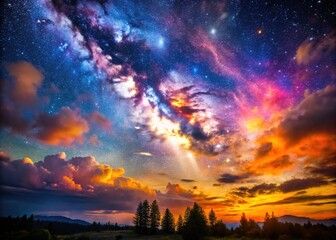 Obraz premium A breathtaking night sky showcases colorful stars and clouds, captivating the essence of nature's beauty and leaving the soul enchanted and in awe.