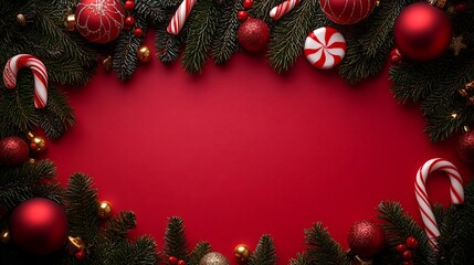 Christmas background with candy canes, pine branches, and decorations in a red background with a Christmas tree and candy cane decorations. Mockup template for an advertising card, web poster, flyer.