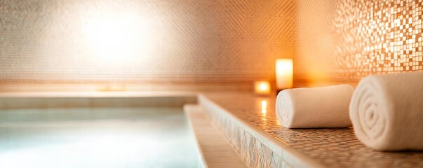 Hammam spa interior with intricate mosaic tiles and steam, traditional luxury