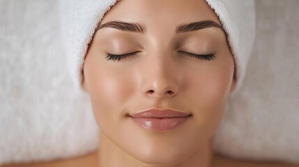 Hot towel massage therapy, close-up of a relaxed woman s serene face