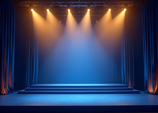 Golden lights adorn a blue stage with elegant background designs, leaving space for merchandise placement during award ceremonies.