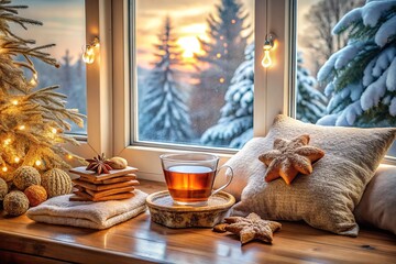 A cozy winter window nook adorned with fluffy pillows, festive gingerbread cookies, and aromatic spiced chai tea creates the perfect peaceful reading afternoon escape.
