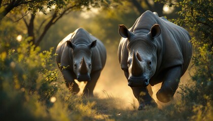 Malgré les obstacles du terrain, le rhinocéros continue d’avancer, déterminé et imposant dans cette vaste brousse africaine.
