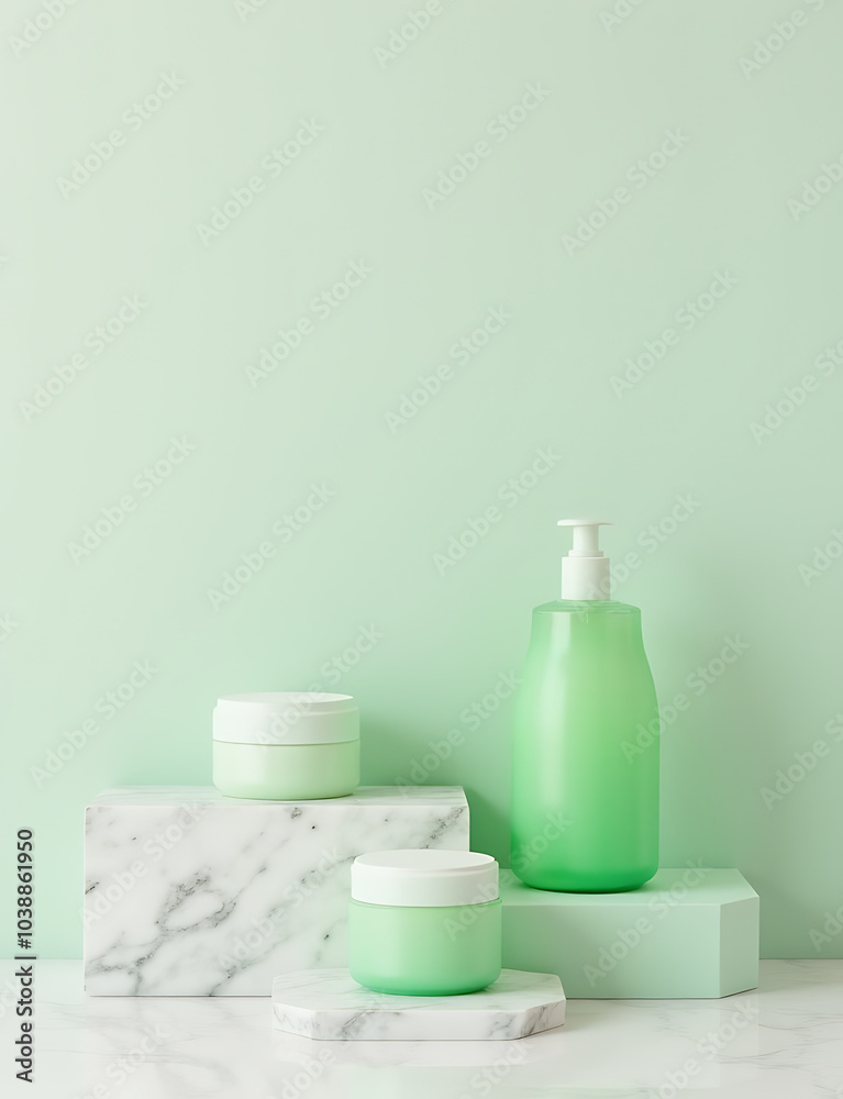 Poster green and white containers on marble display elegant, minimalist cosmetic packaging with ample copy 