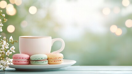   A cup of coffee next to a plate of macaroni and cheese