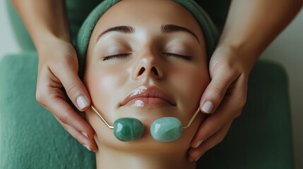 Massage therapist using jade rollers on a client s face, calming spa treatment