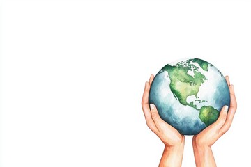 Hands holding the Earth with digital connections, global network, Watercolor style