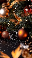   A close-up of a Christmas tree with a pinecone ornament and a pinecone ornament