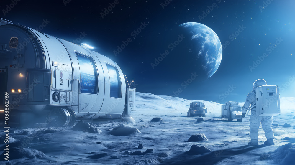 Wall mural astronauts exploring the lunar surface with a habitat module and earth visible in the background