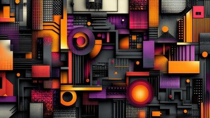 Geometric shapes in orange, purple, and black creating a three dimensional illusion on abstract background
