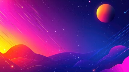 Obraz premium Retro synthwave style background with vibrant colors and shooting stars over a mountain range
