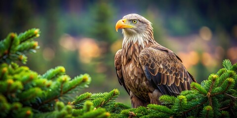 Obraz premium A majestic whitetailed eagle, Haliaeetus albicilla, perched atop a pine tree, illustrating the stunning beauty of wildlife in its natural habitat. Natureâ€™s spectacle unfolds here.