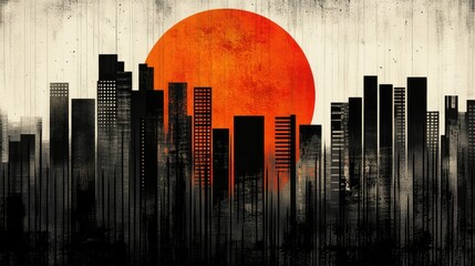 Obraz premium Abstract cityscape with big red sun rising behind skyscrapers, with grunge texture