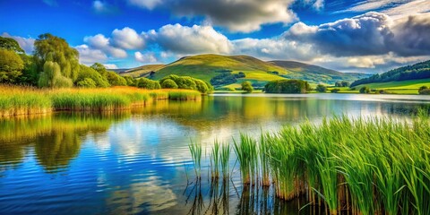 A peaceful lake surrounded by lush green reeds and rolling hills, as the wind gently stirs the landscape, showcasing nature's serene beauty at its finest.